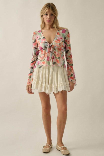 Blooming Brushstrokes Floral Mesh Bell-Sleeve Top
