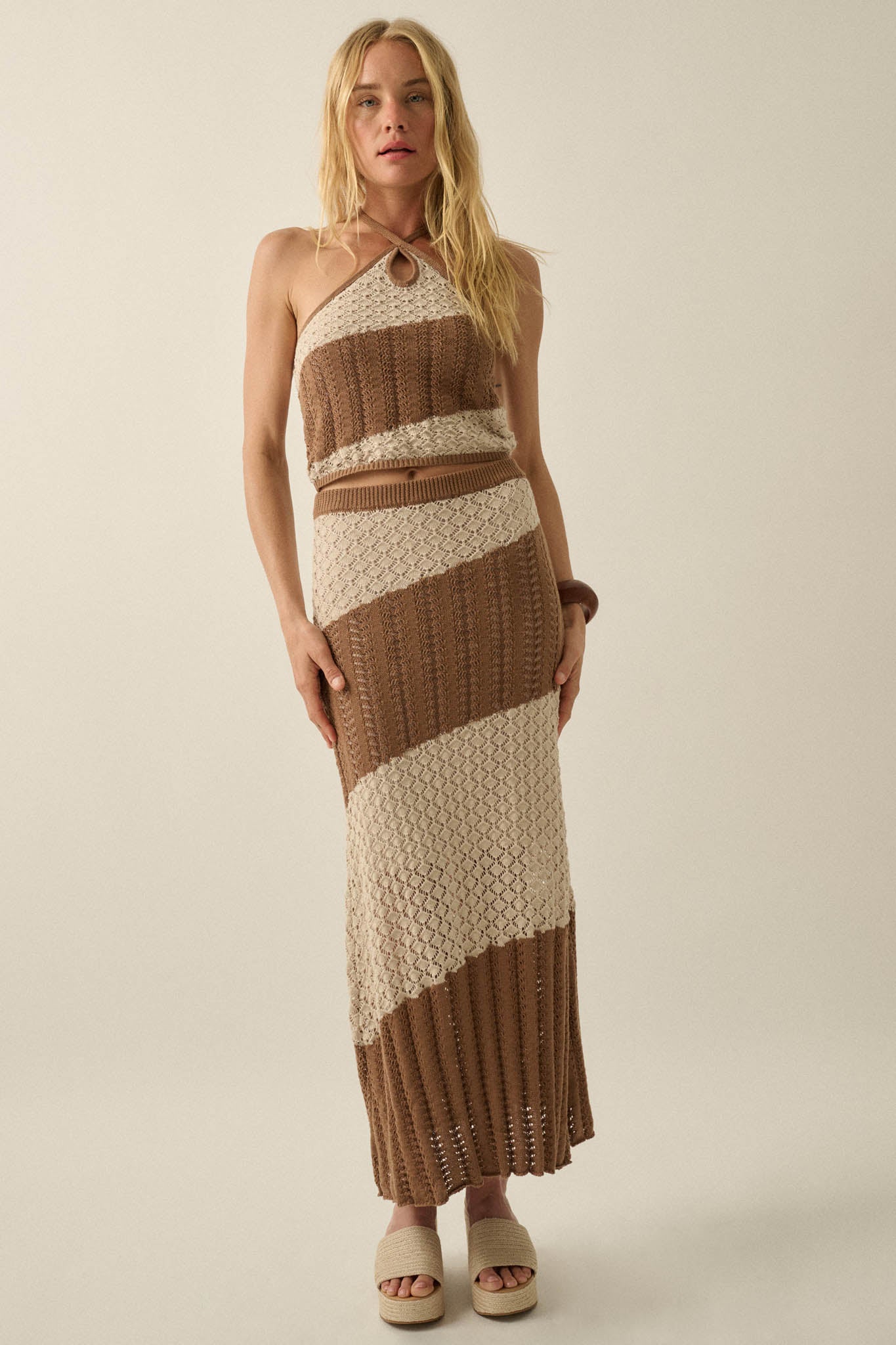 New Horizon Colorblock Crochet-Knit Halter Top