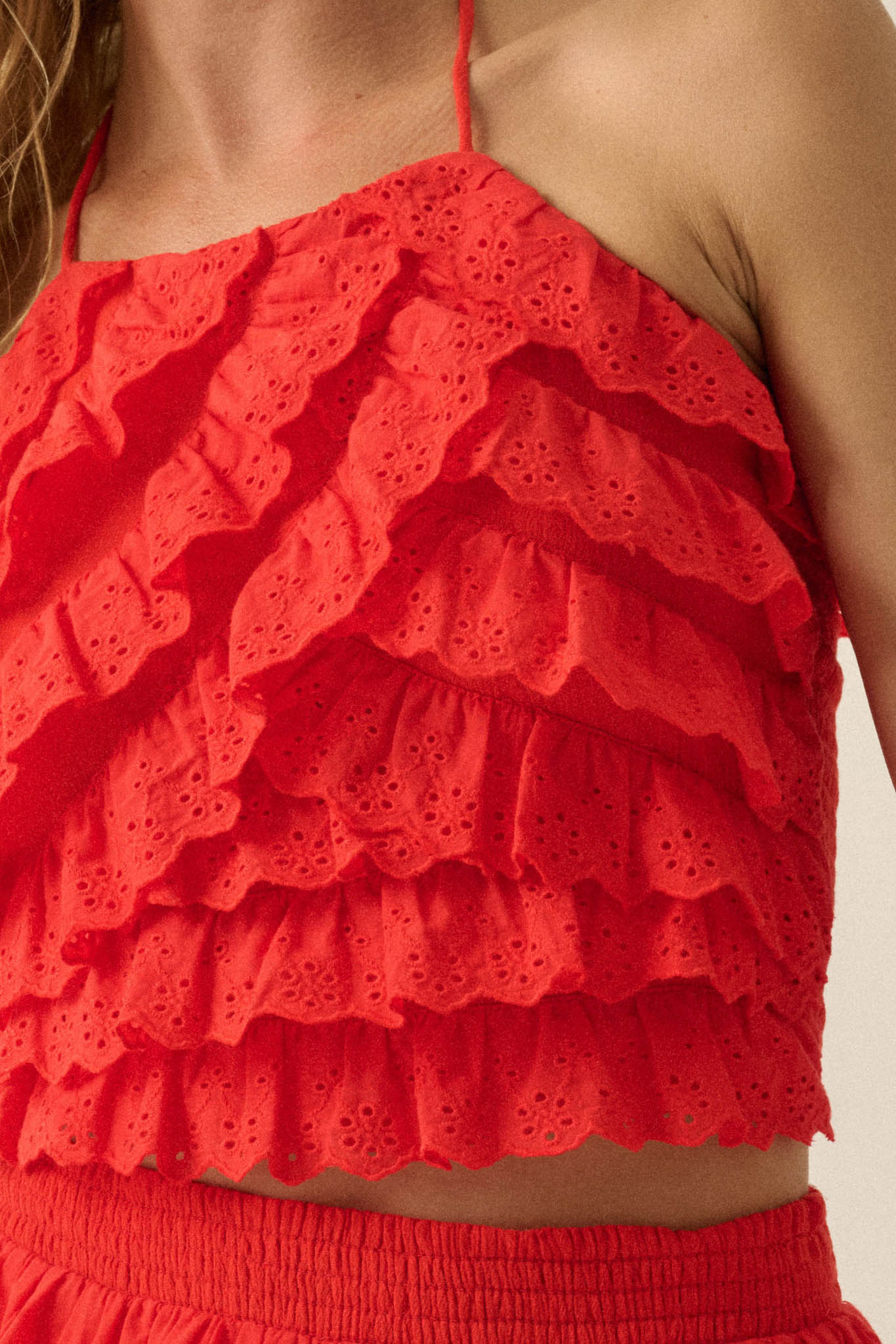 First Crush Tiered Ruffle Eyelet Lace Halter Top