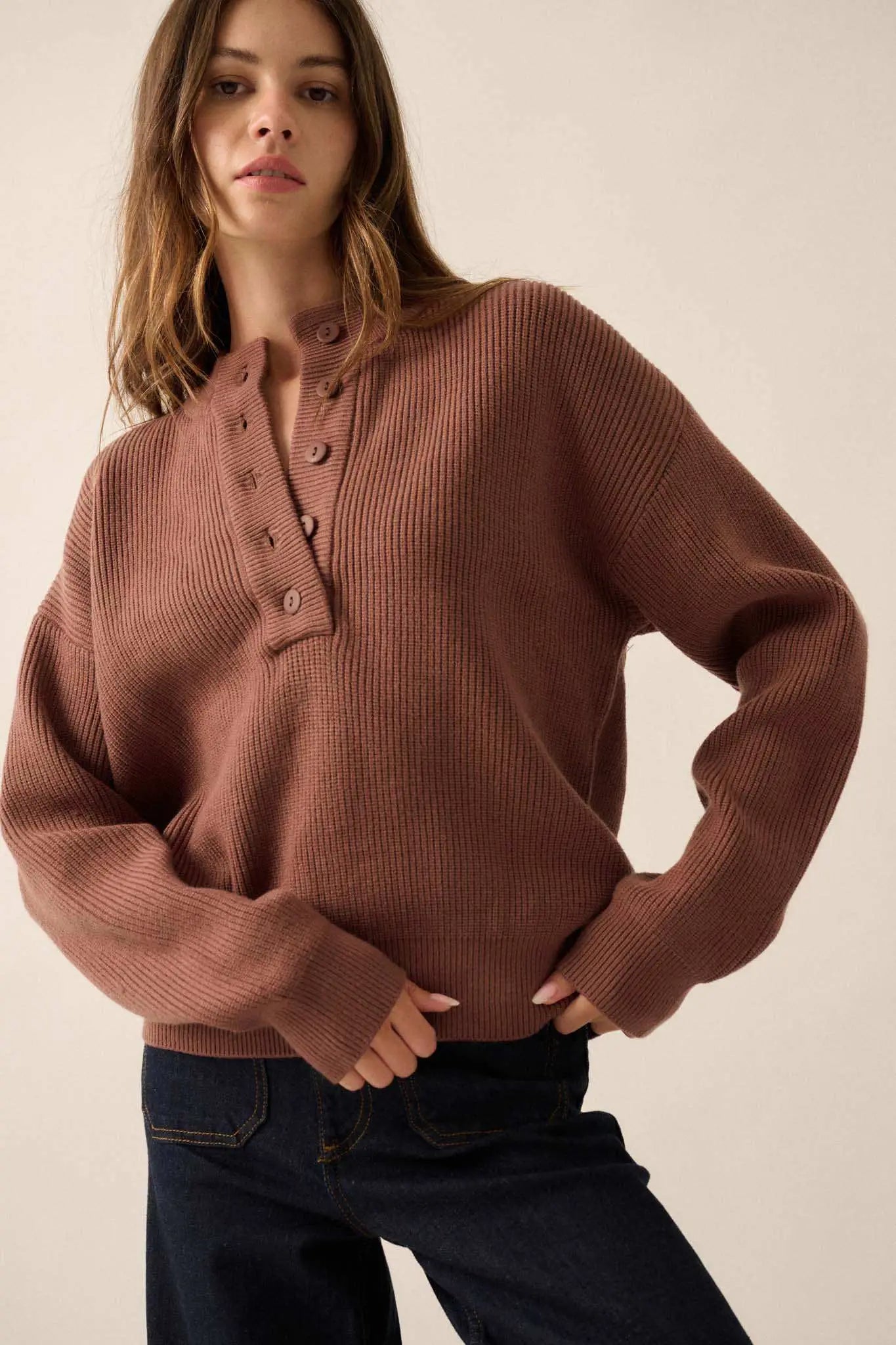 Say Anything Ribbed Knit Henley Sweater