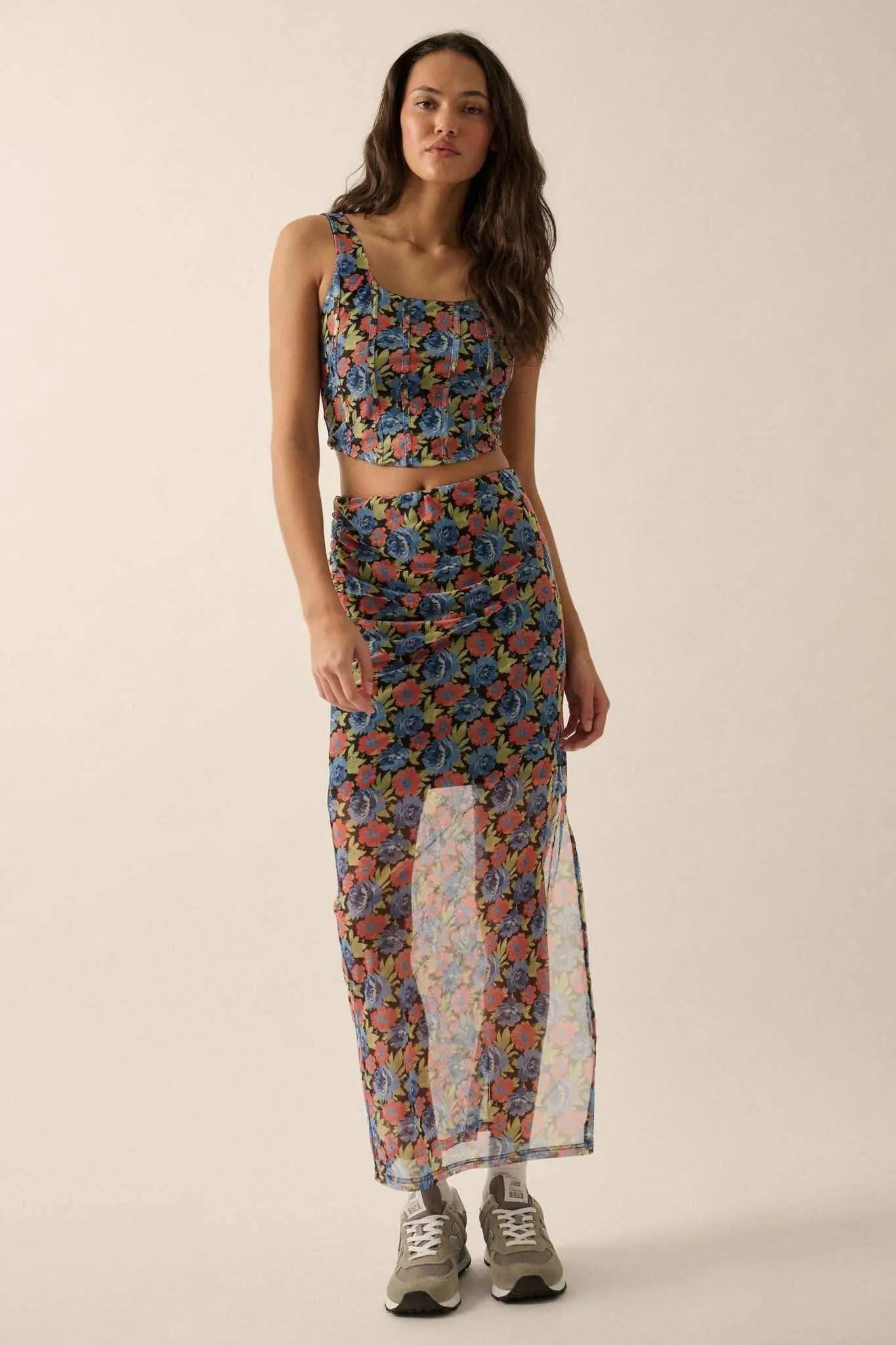 Midnight Blooms Floral Mesh Cropped Corset Top