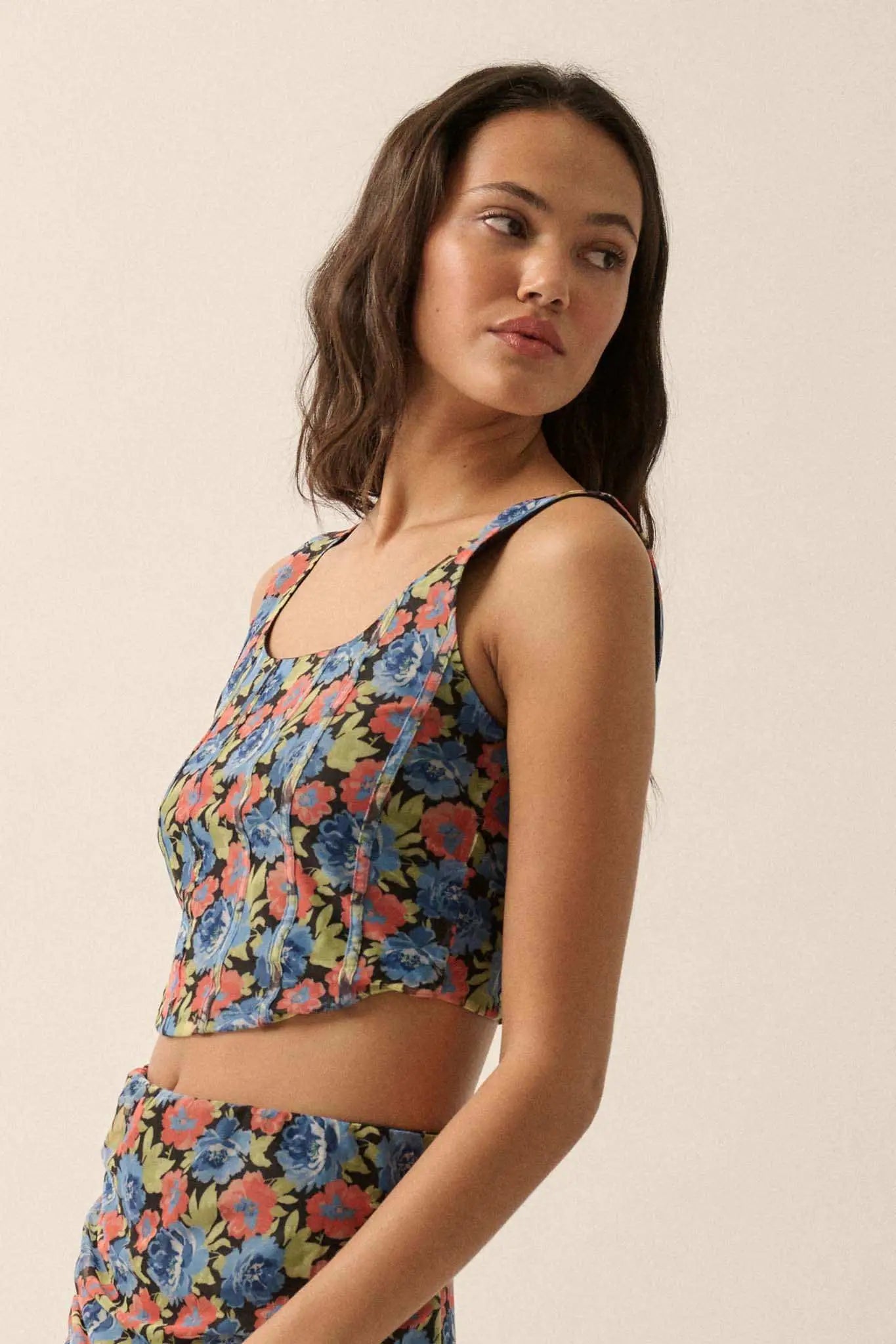 Midnight Blooms Floral Mesh Cropped Corset Top