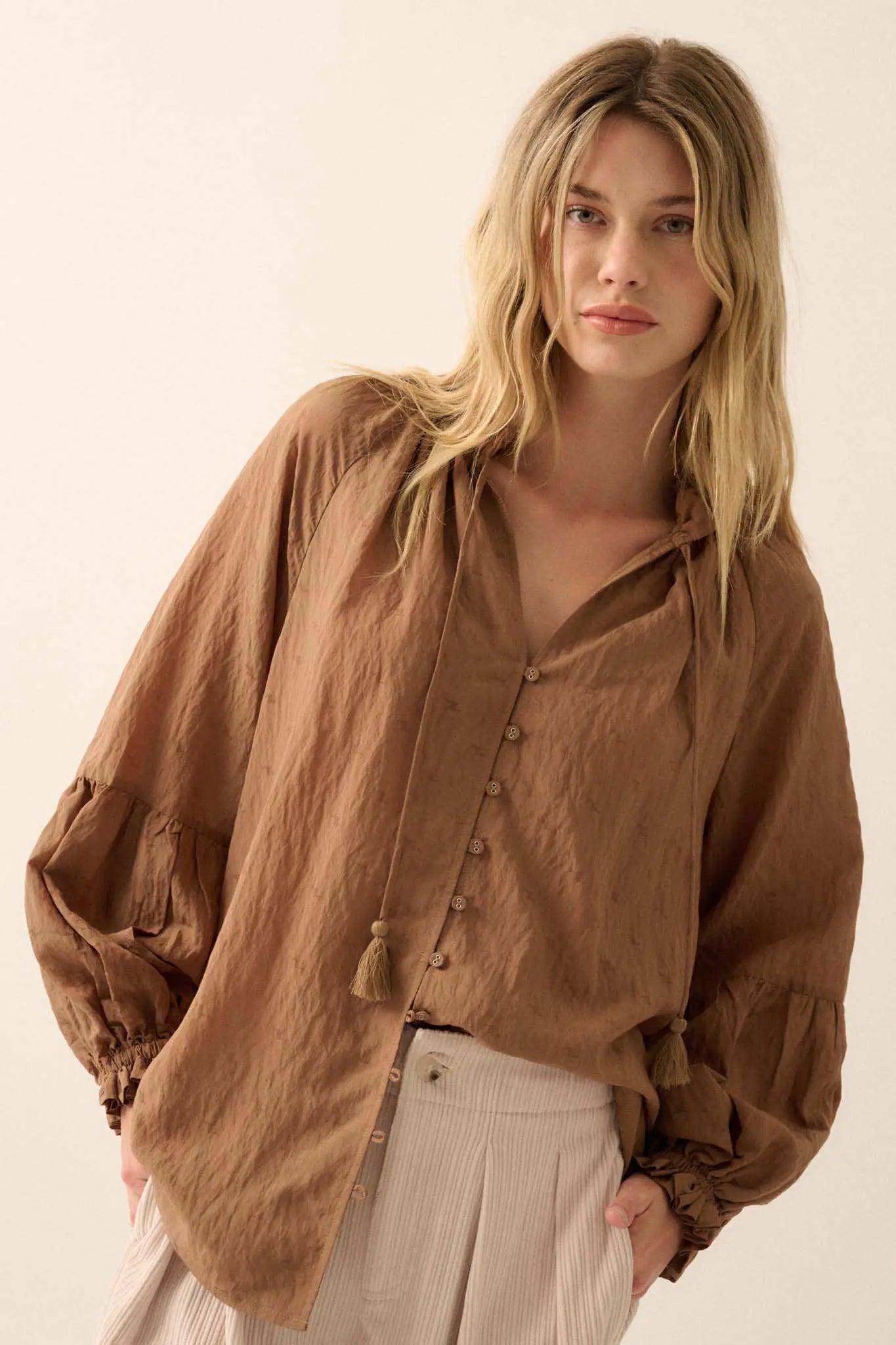 Poetic Soul Buttoned Jacquard Tie-Neck Peasant Top