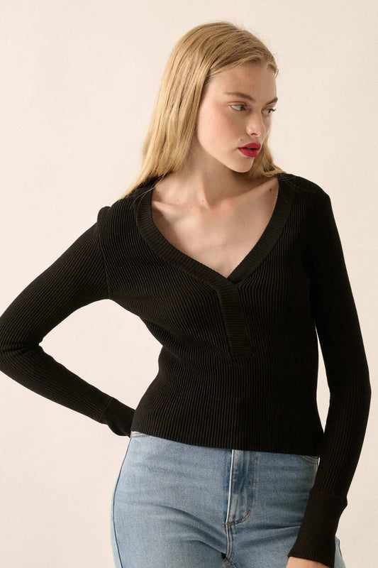 Shaper Fit Rib-Knit Split-Neck Long-Sleeve Top