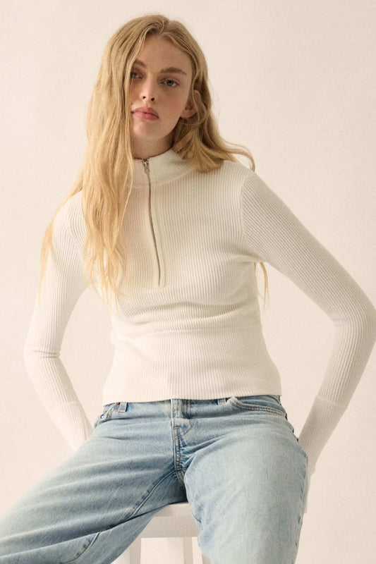 Shaper Fit Rib-Knit Half-Zip Thumbhole Top