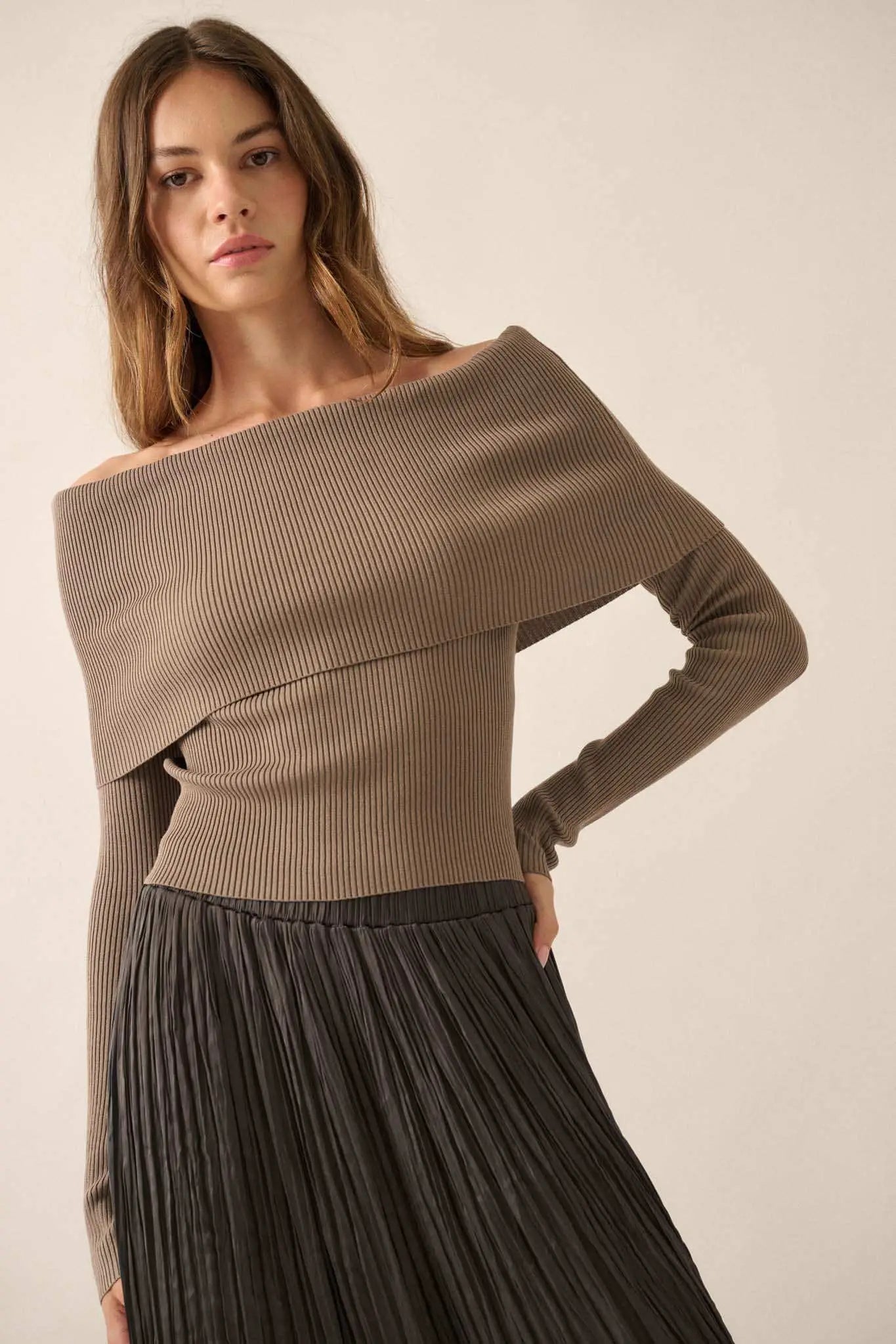 Shaper Fit Rib-Knit Off-Shoulder Foldover Top
