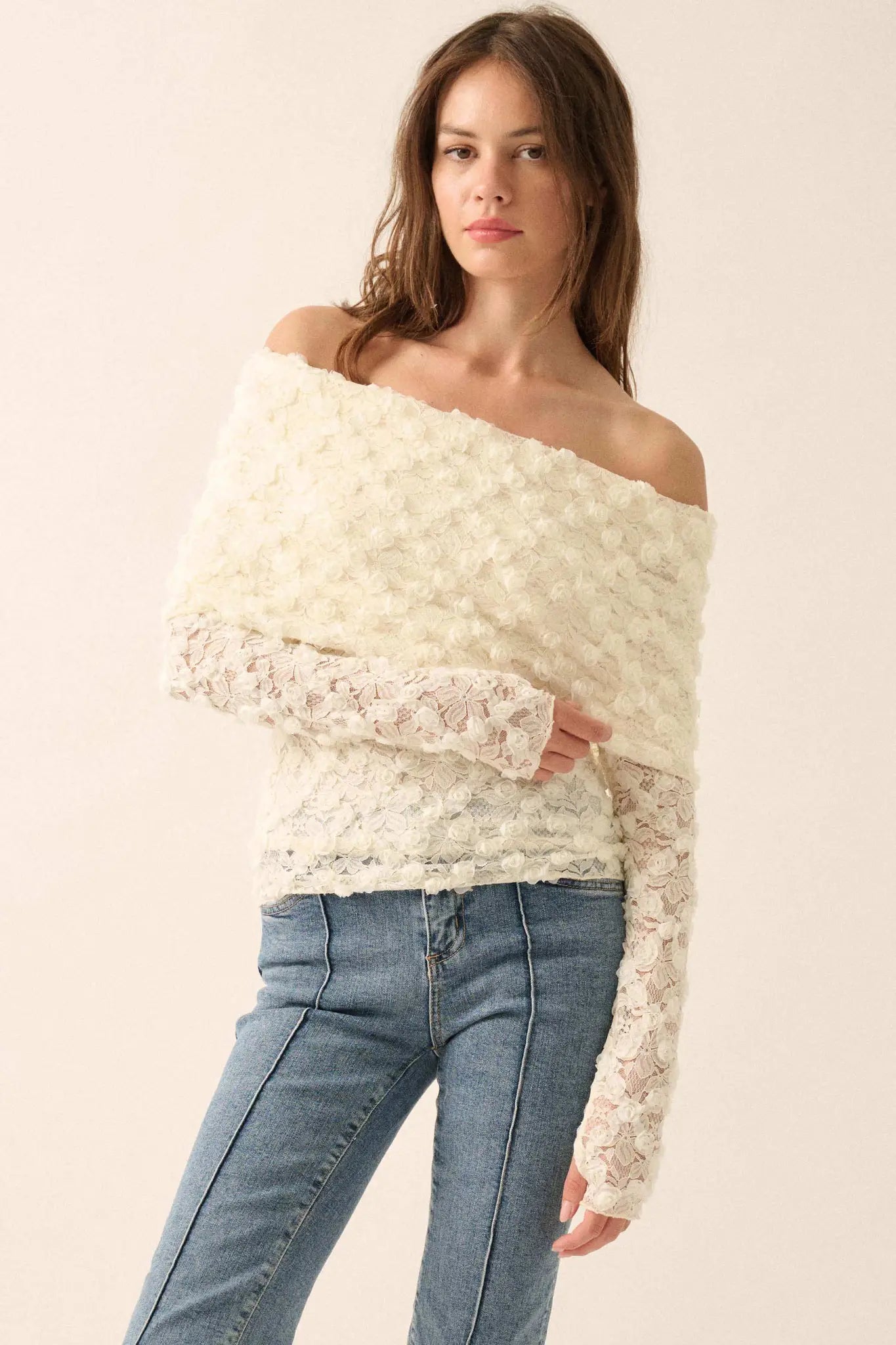 Good Graces Floral Lace Off-Shoulder Thumbhole Top