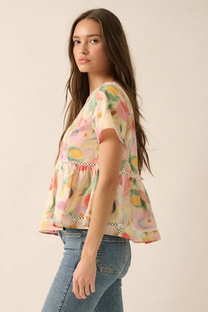 Graceful Blossoms Lace-Trim Floral Babydoll Top