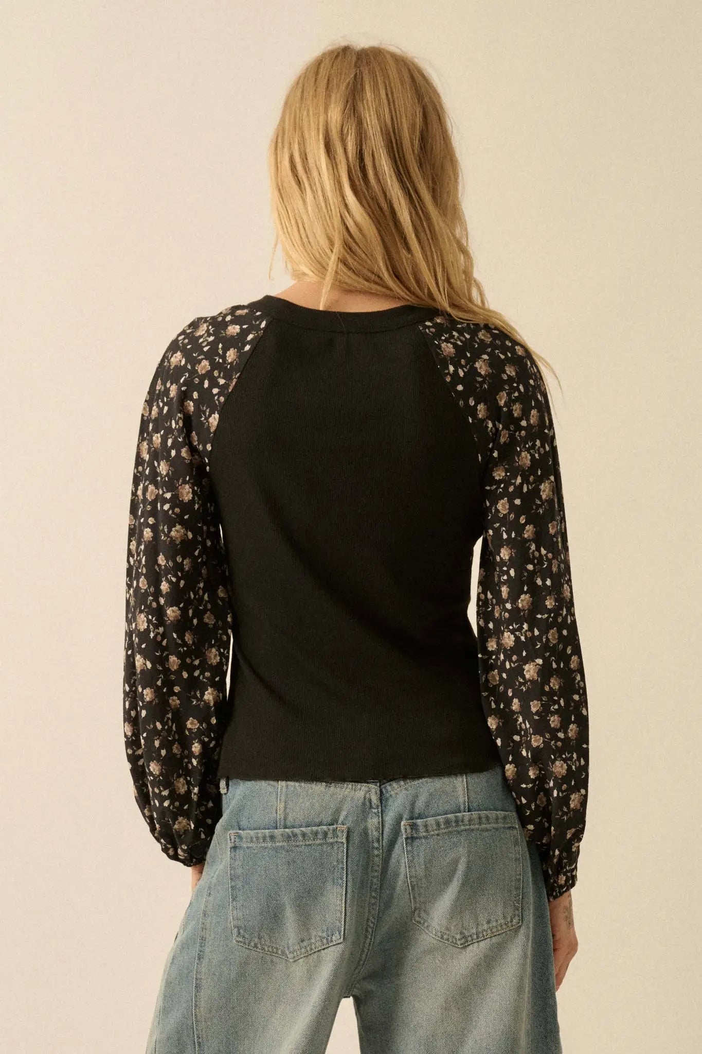 Almost Home Floral Bubble-Sleeve Henley Top