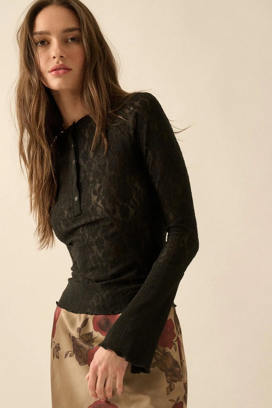 Casual Grace Floral Lace Raglan Henley Top