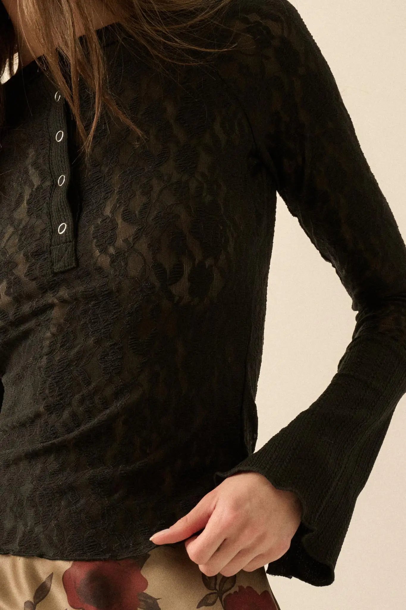 Casual Grace Floral Lace Raglan Henley Top