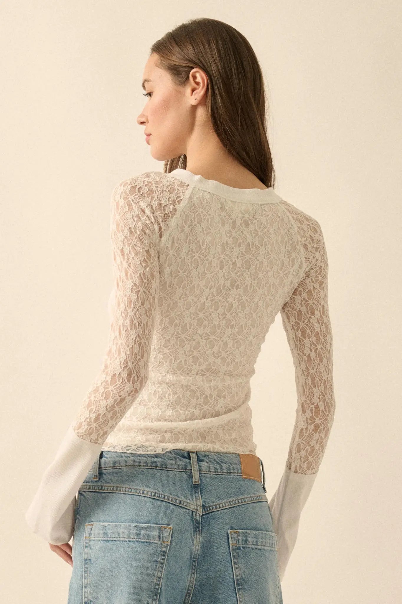 Casual Grace Floral Lace Raglan Henley Top