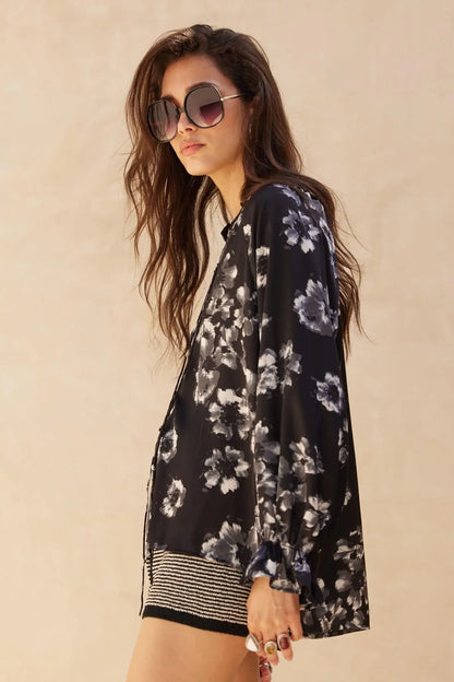Lush Living Floral Satin Button-Up Peasant Top