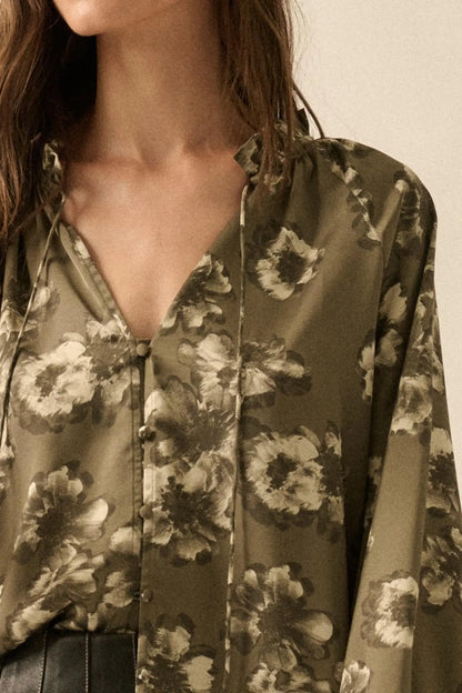 Lush Living Floral Satin Button-Up Peasant Top