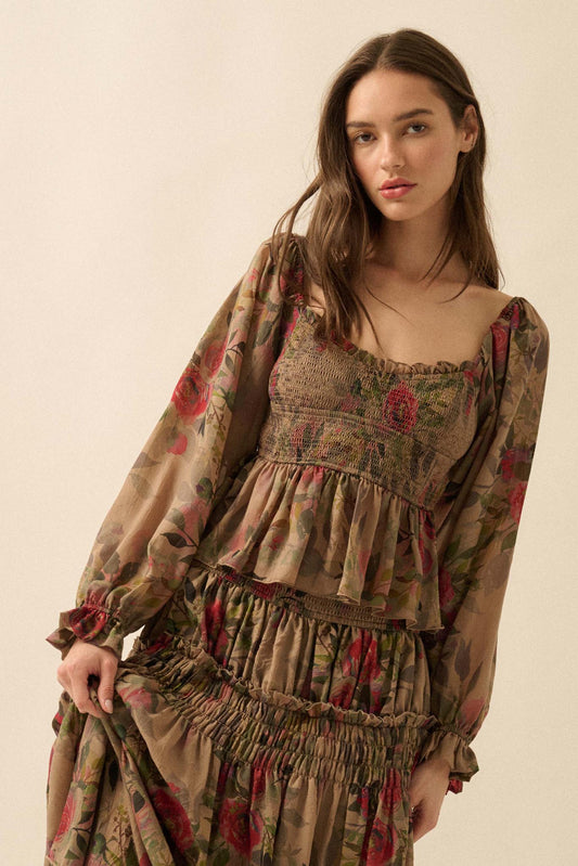 Roaming Blooms Smocked Floral Ruffle Peasant Top
