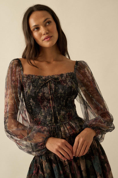 Bohemian Bliss Smocked Floral Tulle Peasant Top
