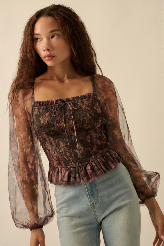 Bohemian Bliss Smocked Floral Tulle Peasant Top
