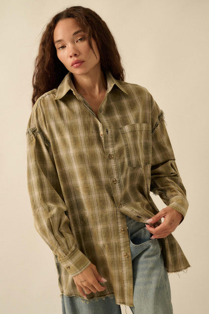 Lost and Found Plaid Raw-Edge Button-Up Shirt