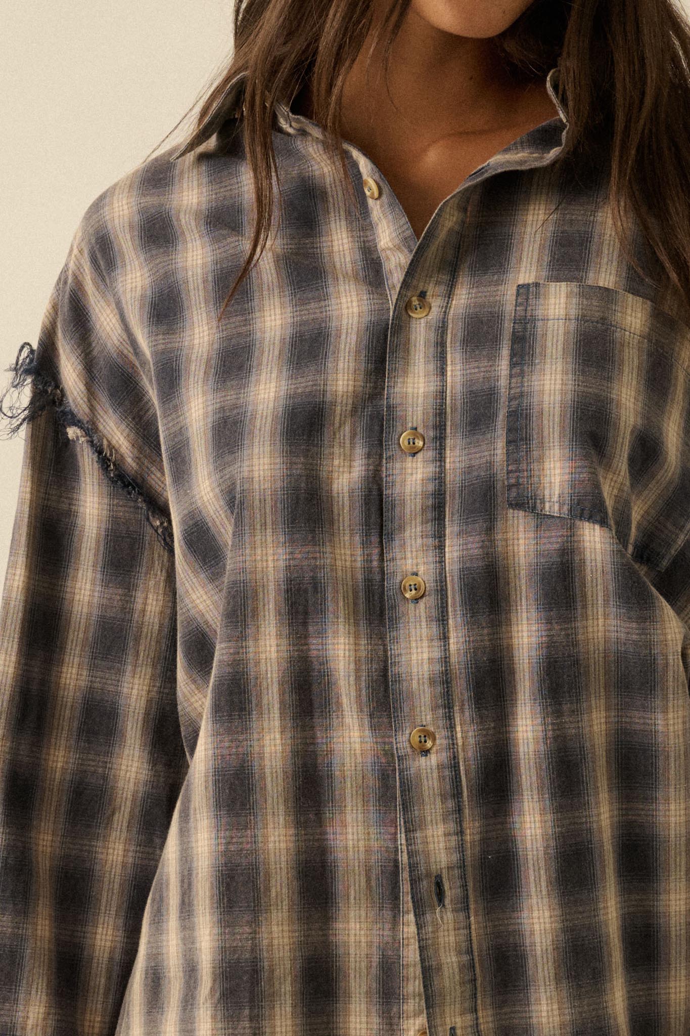 Lost and Found Plaid Raw-Edge Button-Up Shirt