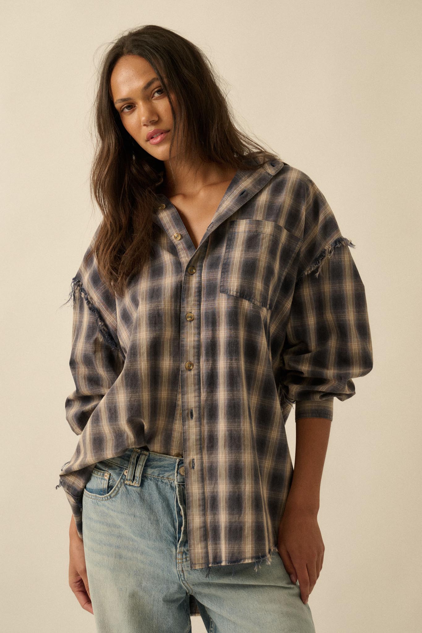 Lost and Found Plaid Raw-Edge Button-Up Shirt