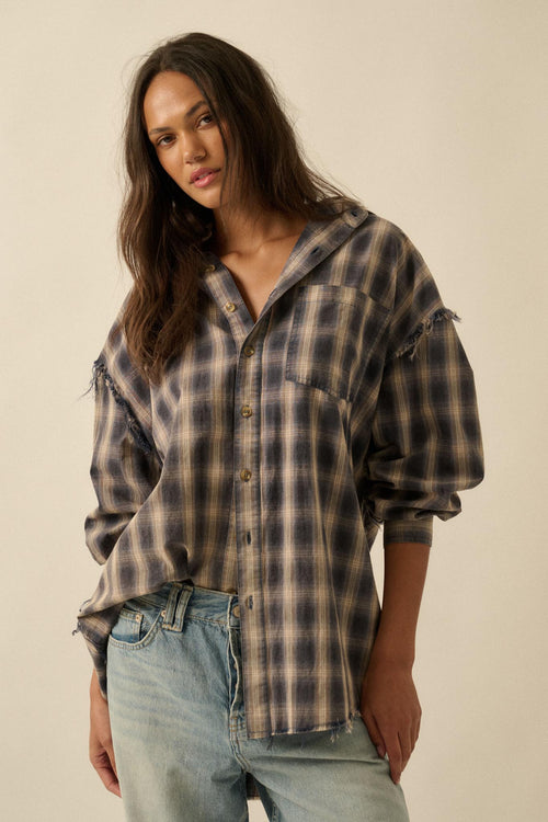 Lost and Found Plaid Raw-Edge Button-Up Shirt