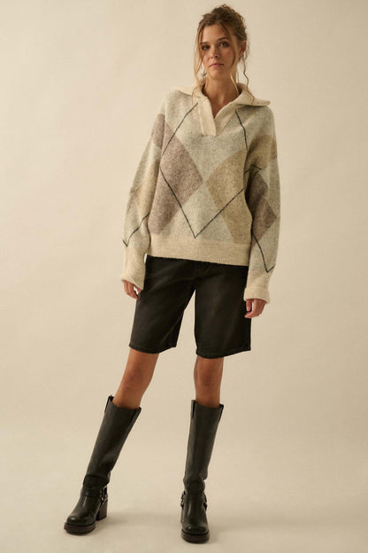 Crossing Paths Argyle Knit Collared Sweater