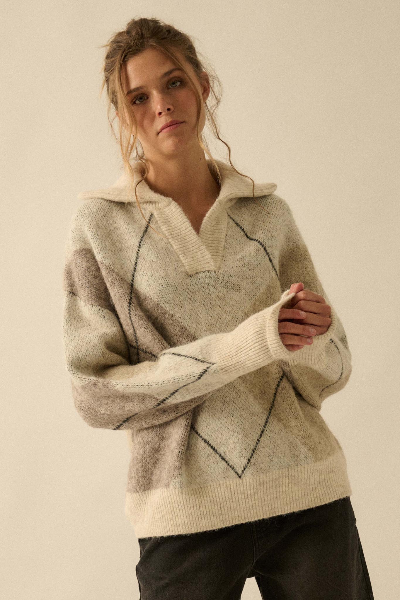 Crossing Paths Argyle Knit Collared Sweater
