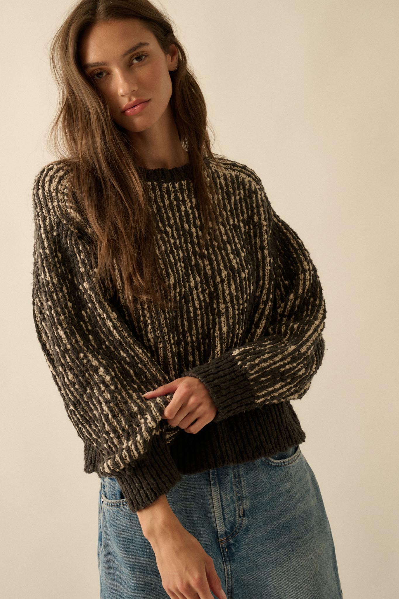 Live and Learn Marled Boucle Rib-Knit Sweater