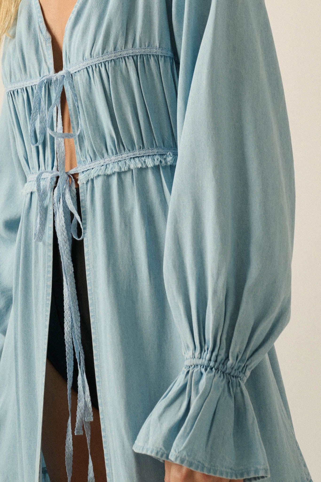 Sky Dancer Denim Tie-Front Poet-Sleeve Maxi Top
