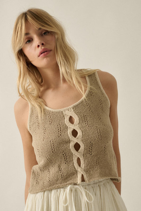 Say So Pointelle Contrast Keyhole Sweater Tank Top