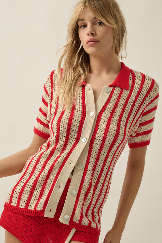 Day in the Sun Striped Crochet-Knit Camp Shirt