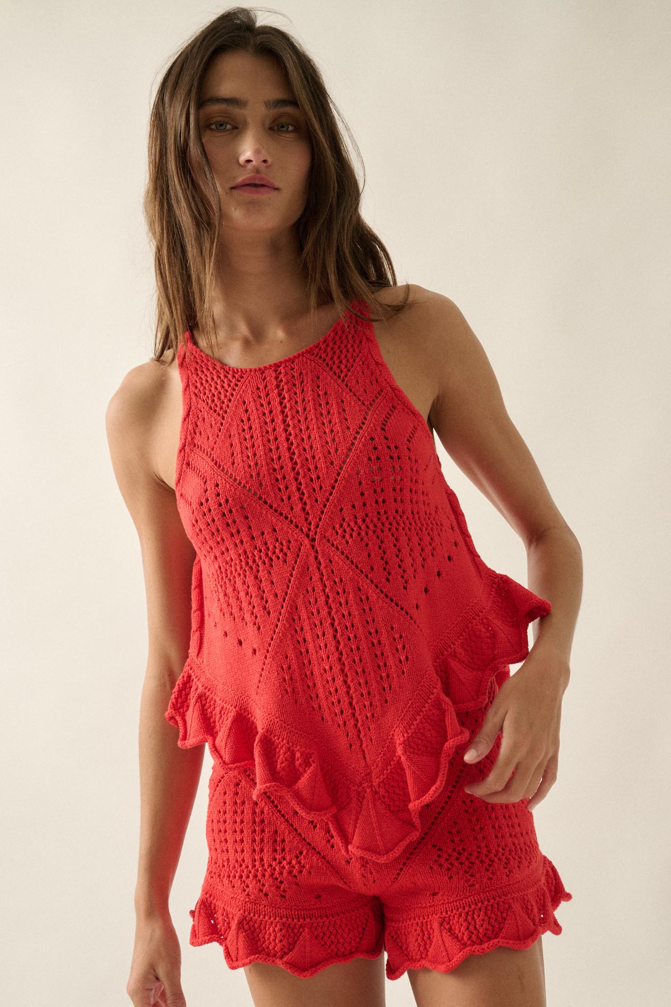 Crochet All Day Crochet-Knit Ruffle Tank Top