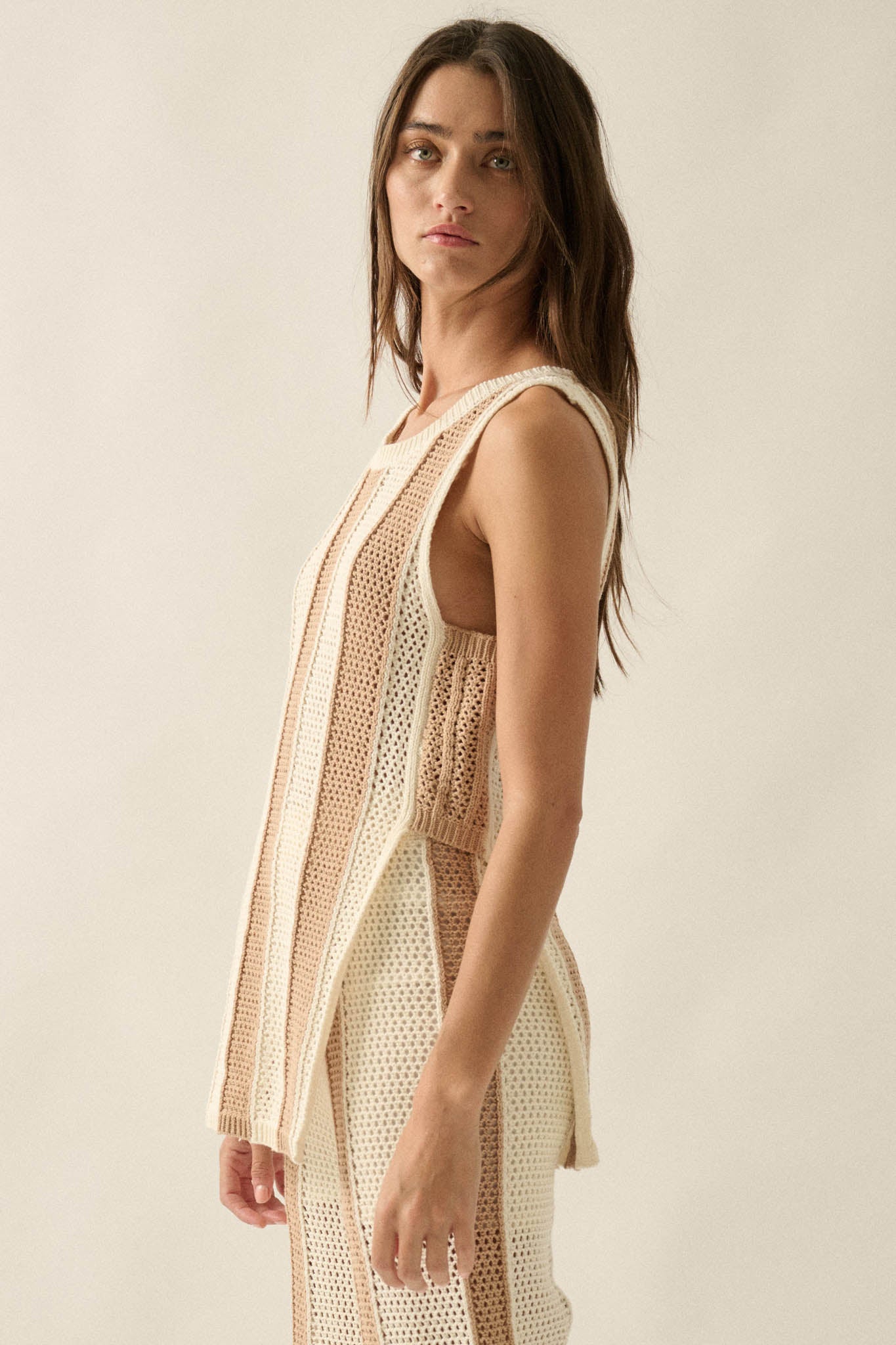 Sooner or Later Striped Crochet-Knit Tunic Tank Top