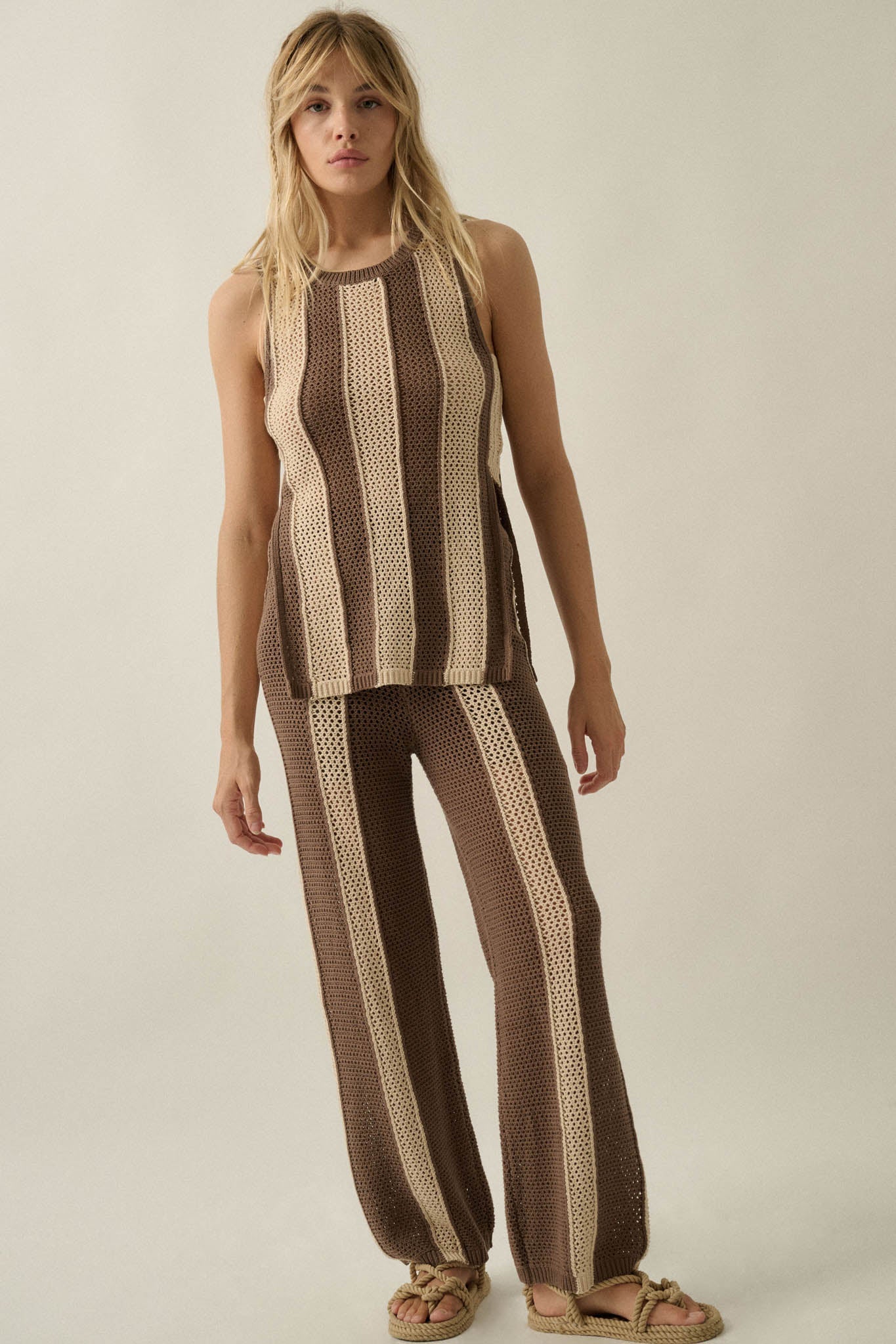 Sooner or Later Striped Crochet-Knit Tunic Tank Top