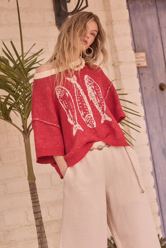 Plenty of Fish Jacquard-Knit Short-Sleeve Sweater