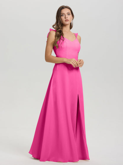 V-Neck Straps Back Tie Floor Length Chiffon Bridesmaid Dress with Slit
