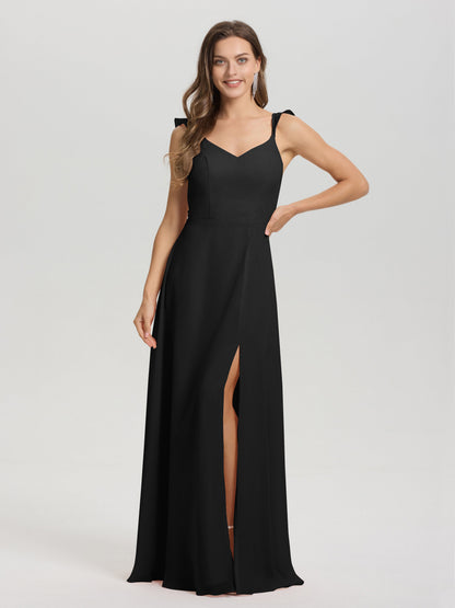 V-Neck Straps Back Tie Floor Length Chiffon Bridesmaid Dress with Slit