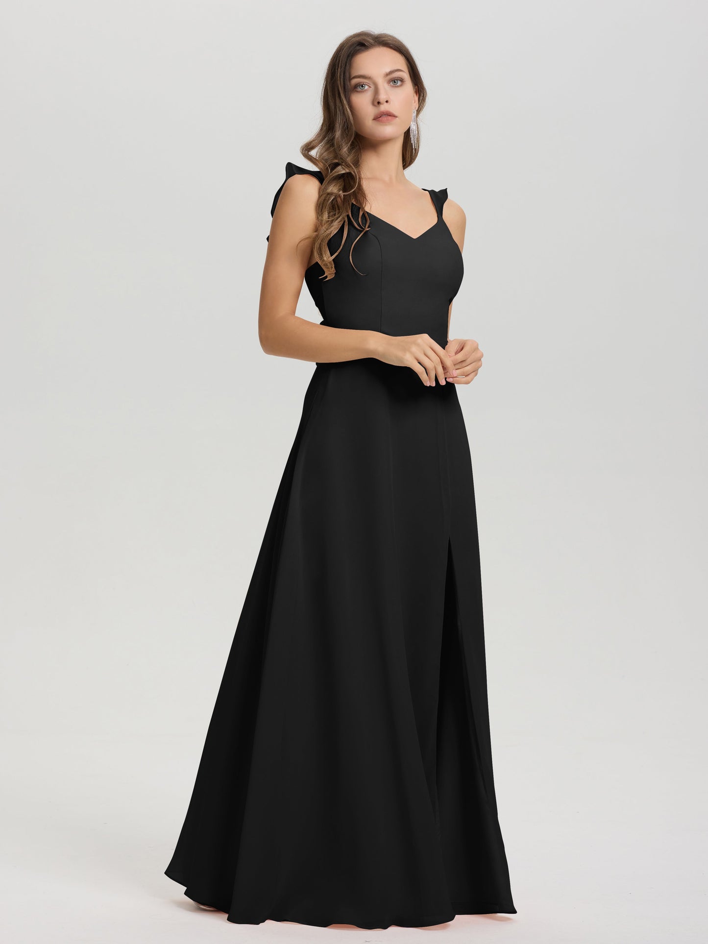 V-Neck Straps Back Tie Floor Length Chiffon Bridesmaid Dress with Slit