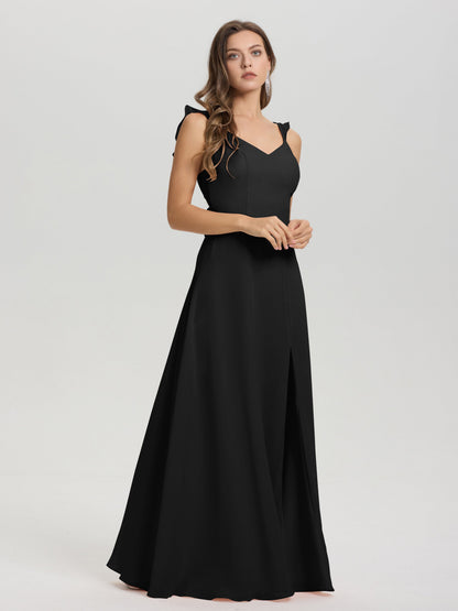V-Neck Straps Back Tie Floor Length Chiffon Bridesmaid Dress with Slit