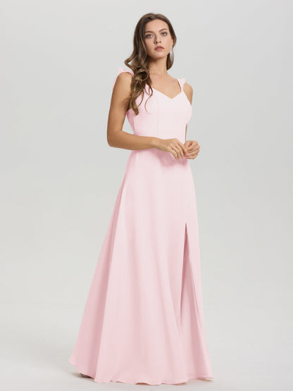 V-Neck Straps Back Tie Floor Length Chiffon Bridesmaid Dress with Slit