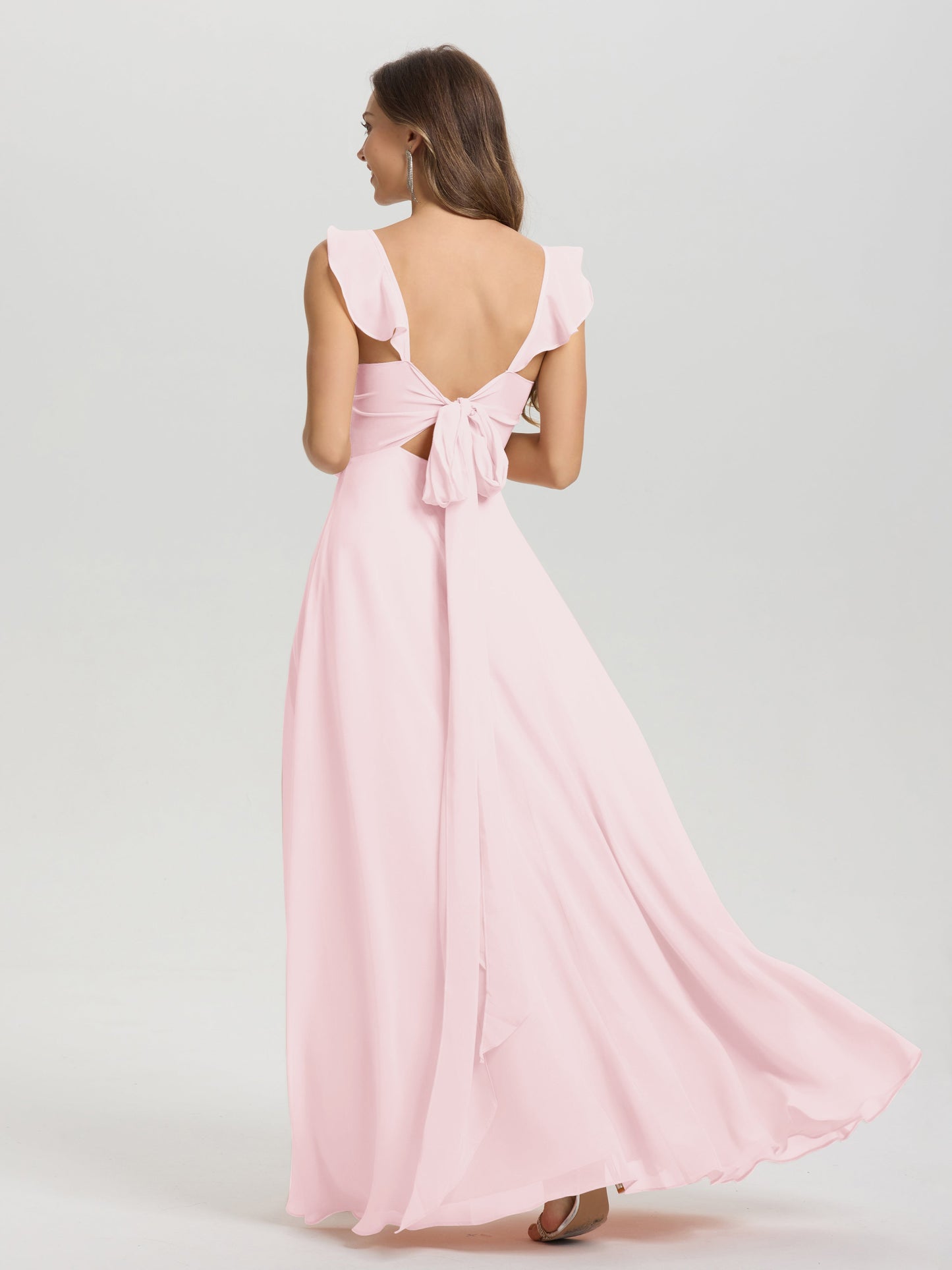 V-Neck Straps Back Tie Floor Length Chiffon Bridesmaid Dress with Slit