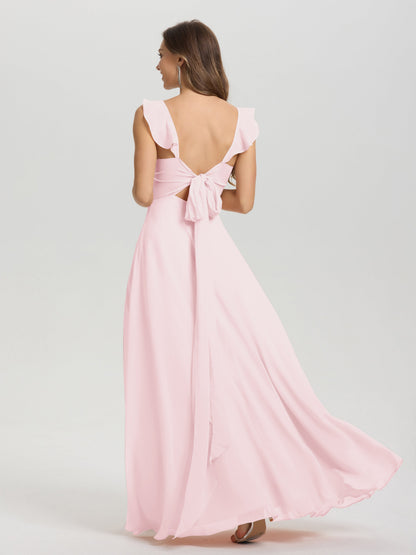 V-Neck Straps Back Tie Floor Length Chiffon Bridesmaid Dress with Slit