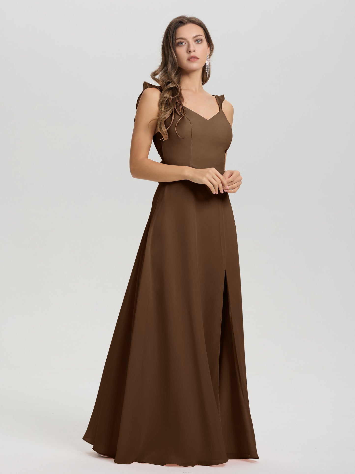 V-Neck Straps Back Tie Floor Length Chiffon Bridesmaid Dress with Slit