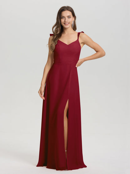 V-Neck Straps Back Tie Floor Length Chiffon Bridesmaid Dress with Slit