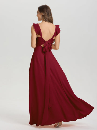 V-Neck Straps Back Tie Floor Length Chiffon Bridesmaid Dress with Slit