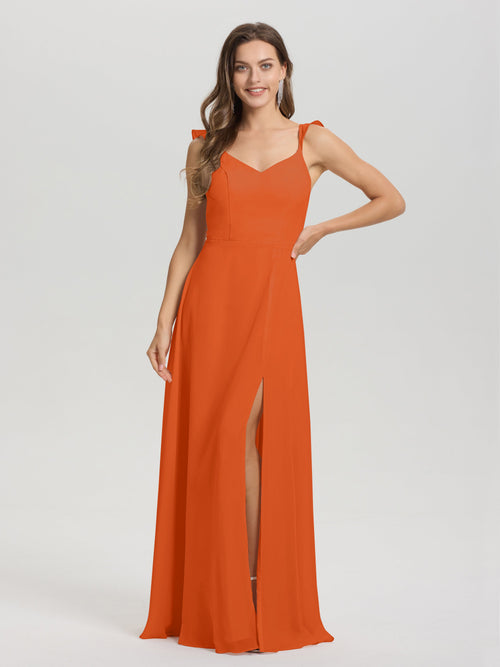 V-Neck Straps Back Tie Floor Length Chiffon Bridesmaid Dress with Slit