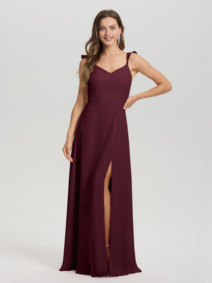 V-Neck Straps Back Tie Floor Length Chiffon Bridesmaid Dress with Slit
