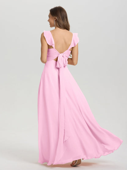 V-Neck Straps Back Tie Floor Length Chiffon Bridesmaid Dress with Slit