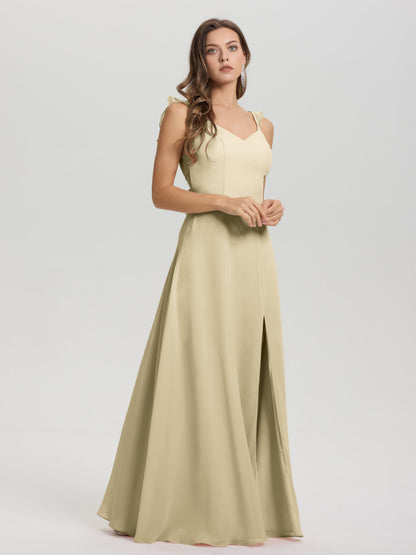 V-Neck Straps Back Tie Floor Length Chiffon Bridesmaid Dress with Slit