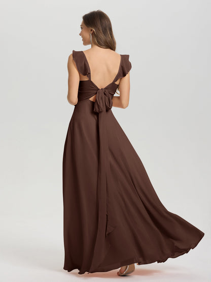 V-Neck Straps Back Tie Floor Length Chiffon Bridesmaid Dress with Slit